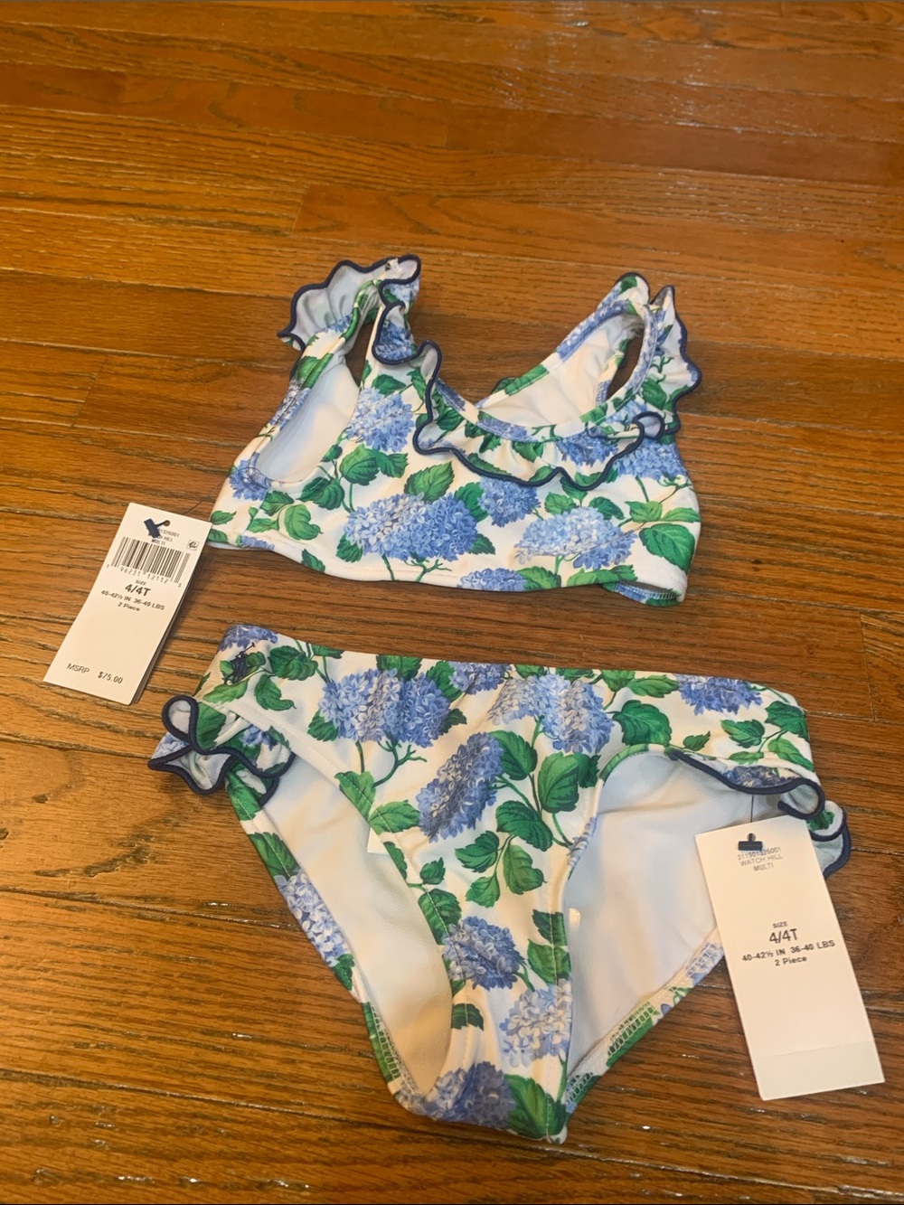 Polo by Ralph Lauren White Floral Blue Hydrangea Ruffle Two-Piece Swim Set